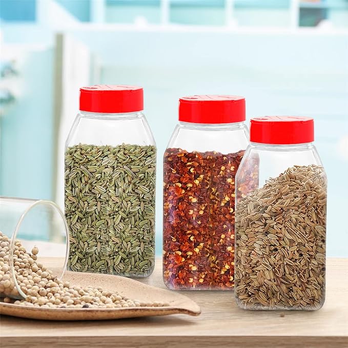 Plastic Spice Jars Bottle Containers with Red Cap, 32 Oz, 6 Pack | Clear Safe Plastic Bottle Containers with Shaker Lids, Lined Cap, PET Material, BPA-Free, Perfect for Herbs & Spices
