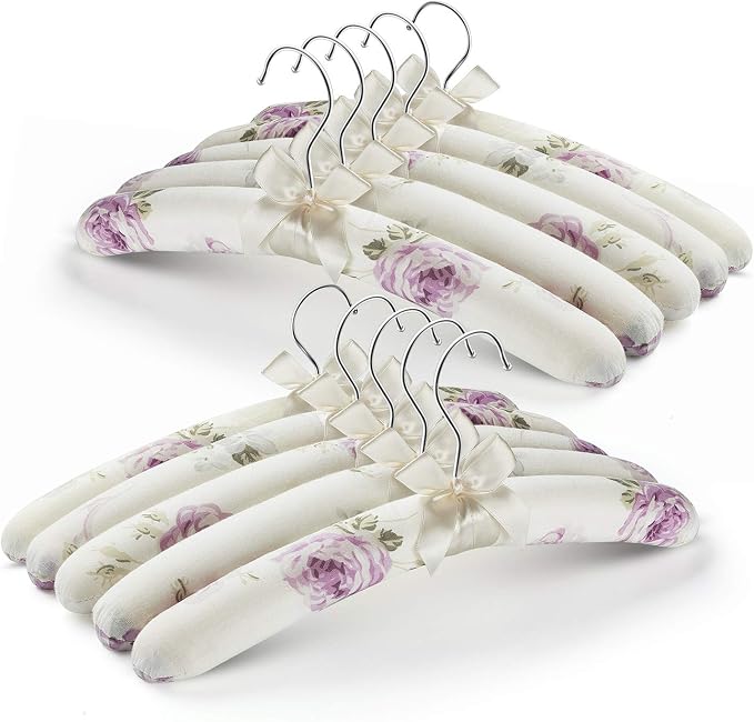 Anti Slip Satin Padded Clothes Hangers for Women Foam Sweater Hangers - Fancy Thick Padded Coat Hanger No Bump Floral Canvas Cover for Adult, Bridesmaid, Wedding Gown Closet (Pack of 10)