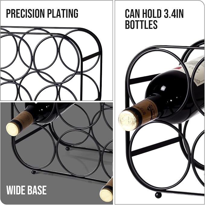 Countertop Wine Rack - 6 Bottle Freestanding Modern Black Metal Small Wine Rack - Tabletop Wine Holder Stand for Cabinet, Pantry, Wine Bottle Storage