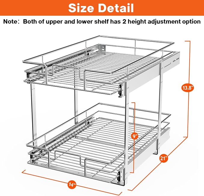 ROOMTEC Individual Pull Out Cabinet Organizer (14" W x 21" D), 2 Tier Spice Rack Organizer for Cabinet, Slide Out Drawer Pantry Shelf Organization and Storage for Kitchen Bathroom