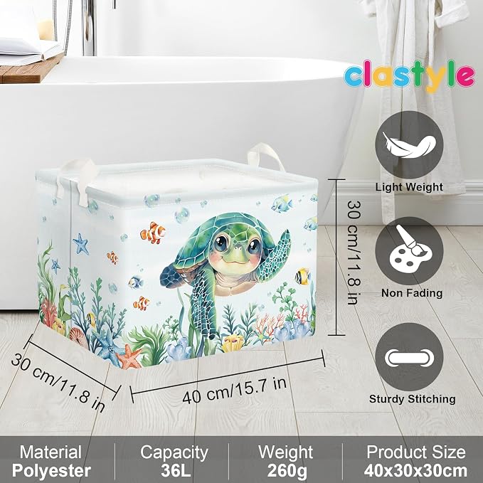 Clastyle Large Fish Sea Turtle Baby Basket Ocean Coral Seaweed Starfish Toy Book Shelf Basket Waterproof Pool Toy Beach Towel Storage Bin Collapsible Dirty Clothes Hamper, Blue, 40 * 30 * 30 cm