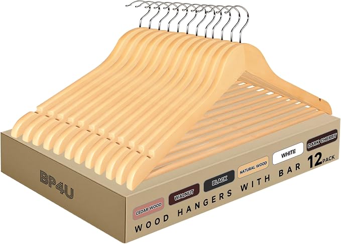 Quality Wooden Clothes Hangers, Solid Wood Suit & Coat Hangers with Pants Bars, Swivel Hook, Shoulder Notches, Heavy Duty Hangers for Shirts, Jackets, Dresses & Trousers(Natural Wood/12-Pack)