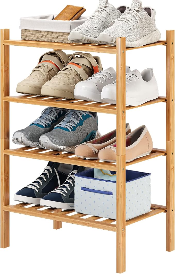 Small Shoe Rack, 4-Tier Bamboo Stackable Shoe Shelf Storage Organizer, Shoe Stand for Closet, Entryway and Hallway