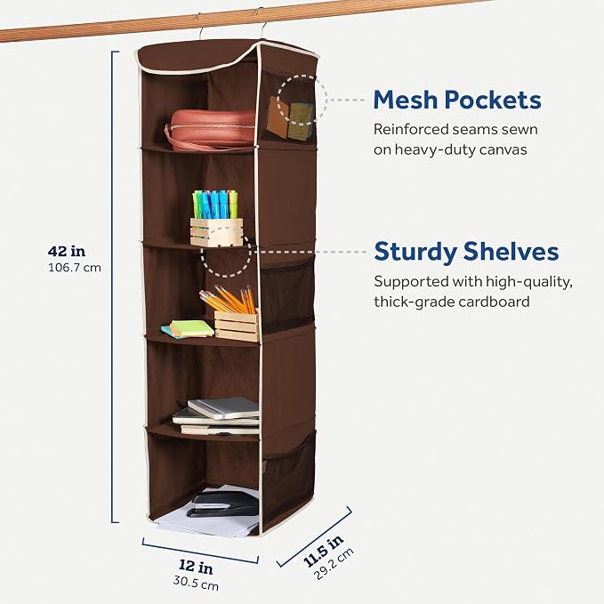 ZOBER Hanging Closet Organizer, 5-Shelf - Hanging Storage Organizer Shelves for Clothes, Towels, Toys - College Dorm Room, Nursery, & Home Closet