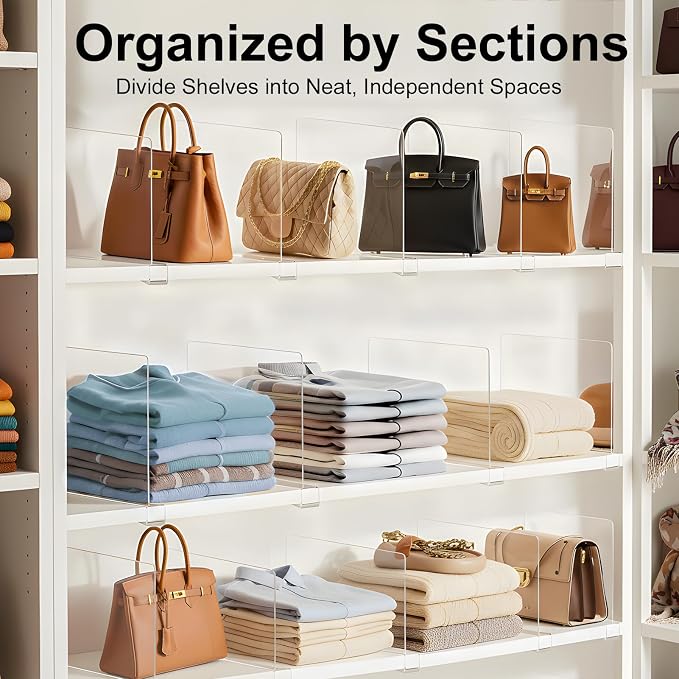 Purse Organizer for Closet Shelf Dividers: 8-Pack Adjustable Clear Acrylic Bag Storage Organizer for Handbags, Sweaters, Towels, Jeans and Shoes on Wood Shelves