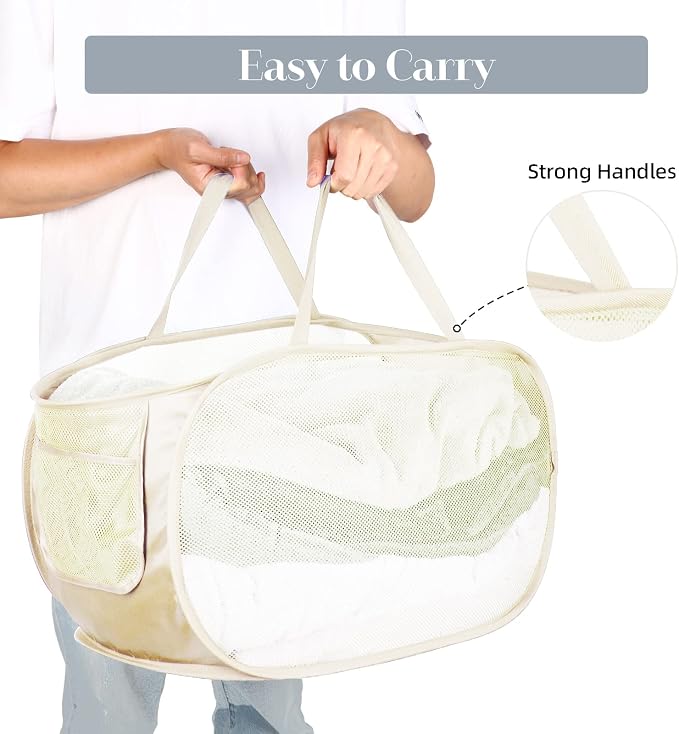 4 Pcs Durable Collapsible Laundry Baskets, Foldable Large Opening Pop Up Laundry Hamper with Pocket, Clothes Hamper with Handles for Laundry, Bathroom, Kids Room, Dorm or Travel Beige