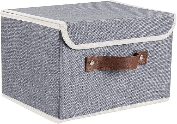 2Pack Storage Bins Boxes with Lids 15"x10"x10" Decorative Storage Baskets | Cotton Linen Fabric, Collapsible, Faux Leather Handles, Storage Cubes, Closet Shelf Clothes Organizer Container, Grey