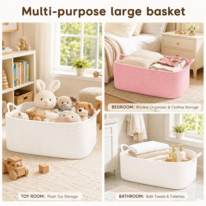 OIASKET Large Empty Cotton Rope Gift Basket with Handles, 18.9"x13.8"x7.8" Decorative Woven Storage Basket with Gift Bag and Ribbon Set for Baby Shower, Toy Organizer for Kids, Dogs & Cats - White