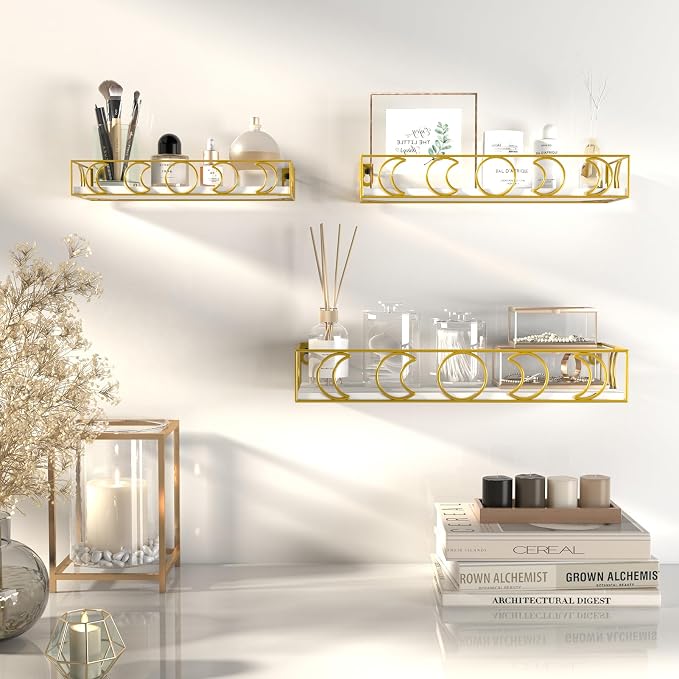 PHAREGE Moon Phase Floating Shelves White Gold Set of 3 | Small Decorative Wall Shelves for Book Plant Storage, Crystal Figurine Collectibles Display Shelf for Bedroom Kid Room