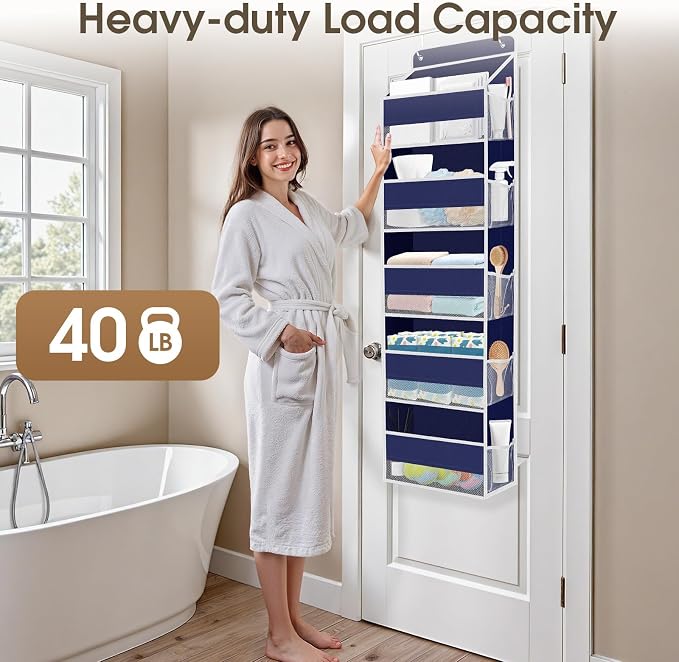 SpaceHacks 1 Pack Over The Door Organizer, Hanging Storage Organizer with Clear Window, 40lb Ultra Sturdy Large Capacity Room Organizer for Pantry Laundry Bathroom Nursery Closet (Blue)