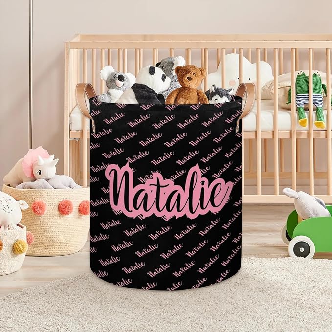 Personalized Laundry Basket, Custom Gift Laundry Hamper, Collapsible Nursery Waterproof Laundry Baskets, Dirty Clothes Toy Hamper with Handles Name Pink Black