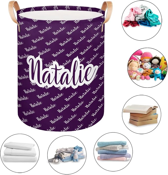 Personalized Laundry Basket, Custom Gift Laundry Hamper, Collapsible Nursery Waterproof Laundry Baskets, Dirty Clothes Toy Hamper with Handles Name Dark Purple