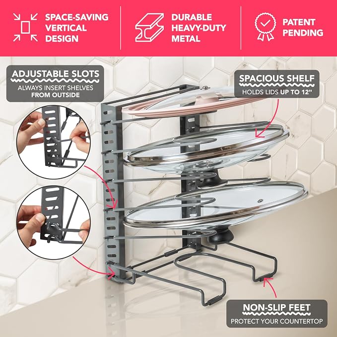 Free-Standing Adjustable Pot Lid Organizer for Cabinet - Kitchen Storage Rack 6 Adjustable Shelves, Pot Lid Holder, Pan and Pot Rack Organizer, Pantry & Inside Cabinet Organizer (13” Clearance)