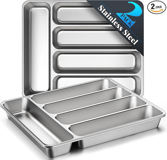 IKOCO 2-Pack Silverware Organizer, Stainless Steel, Dishwasher Safe | Each: 13.8" x 11.4" x 1.6", Rust-Resistant & Non-Absorbent, 5-compartment, Holds Spoons/Forks/Knives, Fits Standard Drawers