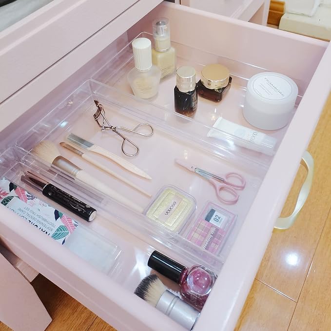 LotFancy Clear Drawer Organizers, 12” x 3” x 2”, Set of 3, Drawer Organizer Trays for Desk, Plastic Storage Bins for Bathroom, Makeup, Utensils, Stackable