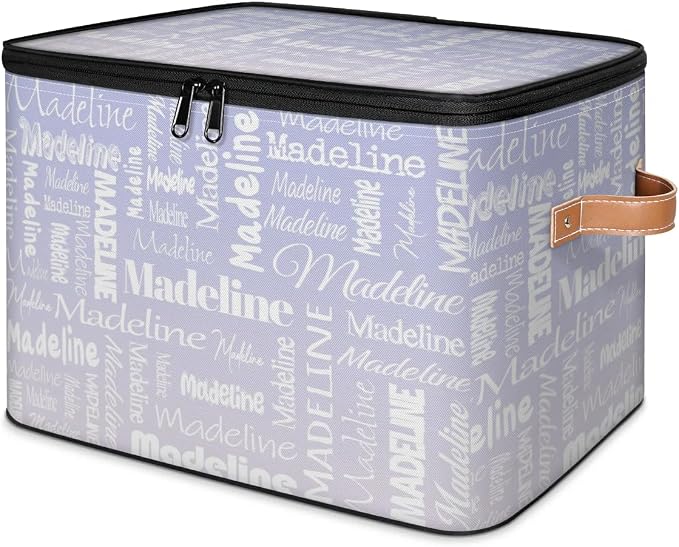 Custom Storage Basket with Name, Personalized Keepsake Box with Zipper Lid, Foldable Fabric Memory Bin Large capacity with Handle Purple White