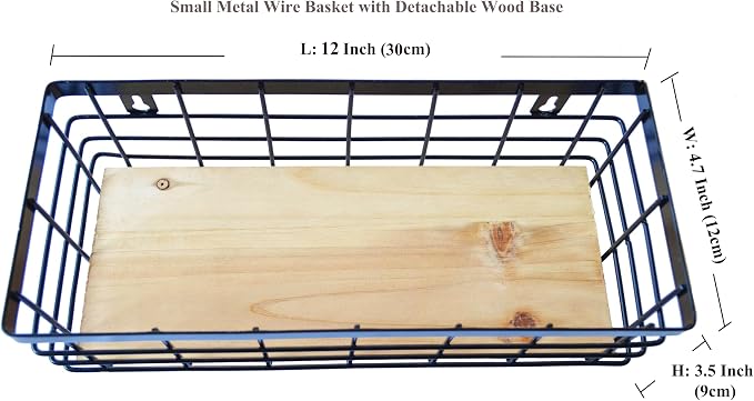 ShabbyDecor Farmhouse Metal Wire Basket with Detachable Wood Base,Small | Bathroom Counter Storage Organizer for Makeup, Perfume & Skincare