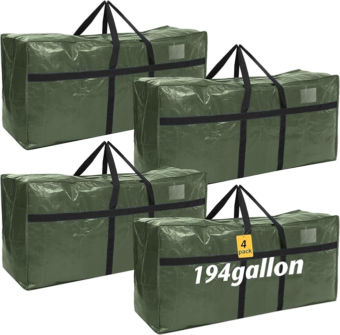 4 Pcs 194 Gallon Extra Large Moving Bags Heavy Duty Storage Bag with Strong Zipper Handle Foldable XXL Jumbo Storage Tote Packing Moving Box for College Dorm Travel Cloth Duffle (Green)