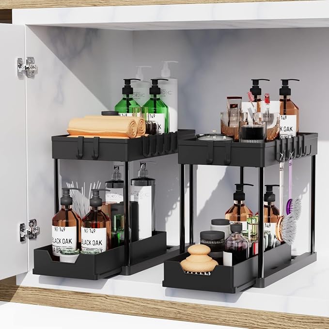 2 Pack black Under Sink Organizers and Storage, 2-Tier Sliding Cabinet Basket Organizer with Hooks, Multi-Purpose Under Sink Organizers and Storage for Bathroom Kitchen