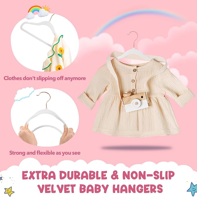 HOUSE DAY Velvet Baby Hangers for Closet, Kids Hangers Velvet 60 Pack, Non Slip Toddler Hanger 11.8 Inch, Durable Childrens Hanger for Newborn Baby Clothes- White