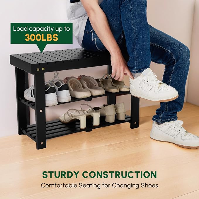BEEFURNI Wooden Shoe Rack Bench, 3-Tier Wooden Shoe Organizer for Entryway, Aciaca Bench with Shelf, Solid Wood Shoe Storage Bench for Doorway, Hallway, Bathroom, 300 LBS, 1-Year Warranty, Black