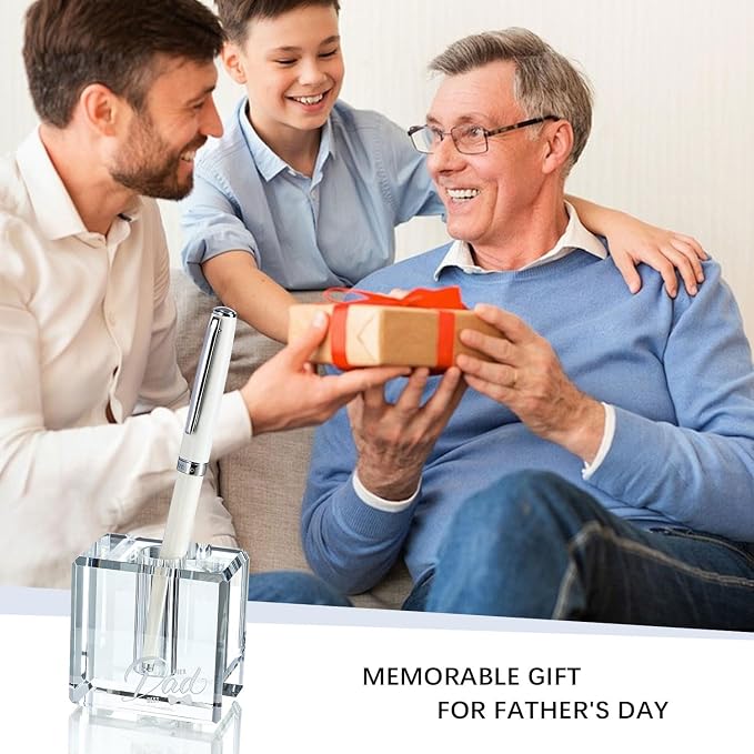 Fathers Day Crystal Christmas Gifts for Dad Crystal Carved Single Pen Holder, 2.4" Fancy Fountain Pen Holder for Desk, Glass Feather Pencil Stand for Office Desktop Decoration, Gift for Father Man