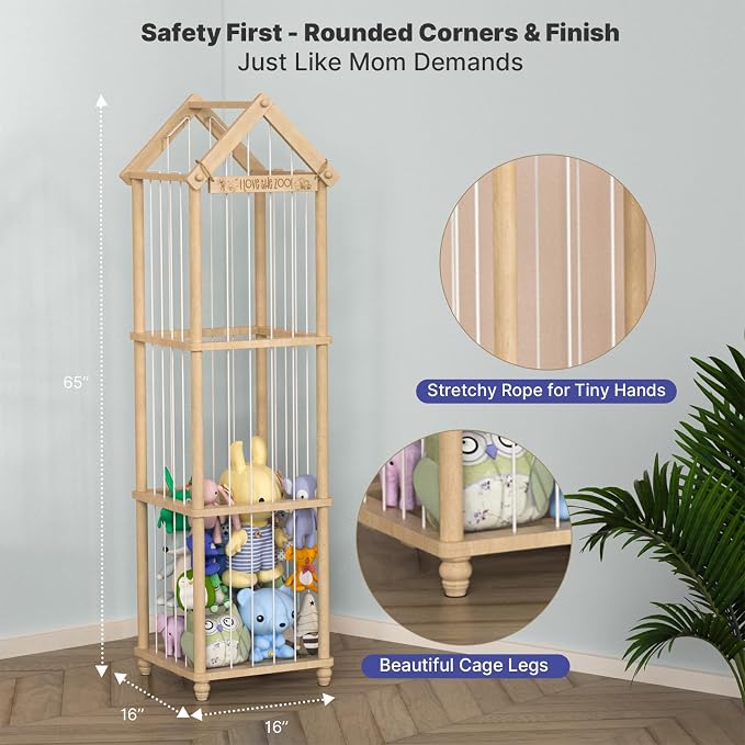 Stuffed Animal Storage Zoo, 65" Extra Large Wooden Plush Toy Organizer, Solid Pine Toy Holder with 3D Sign & Sturdy Base, Vertical Corner Stuffed Animal Cage for Nursery Playroom