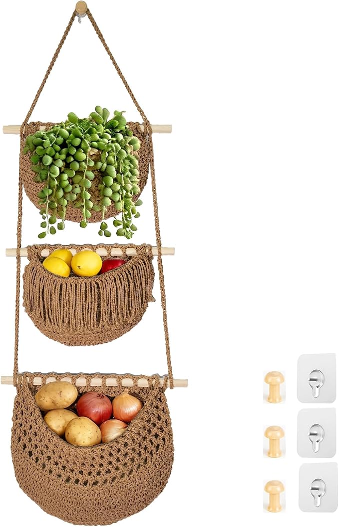 Halidali 3 Tier Hanging Fruit Baskets for Kitchen, Boho Cotton Rope Handwoven Vegetable Hammock Produce Storage Wall Mounted Large Organizing Basket for Farmhouse Decor, Onion, Potato (Caramel)