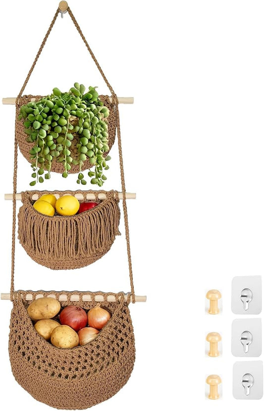Halidali 3 Tier Hanging Fruit Baskets for Kitchen, Boho Cotton Rope Handwoven Vegetable Hammock Produce Storage Wall Mounted Large Organizing Basket for Farmhouse Decor, Onion, Potato (Caramel)
