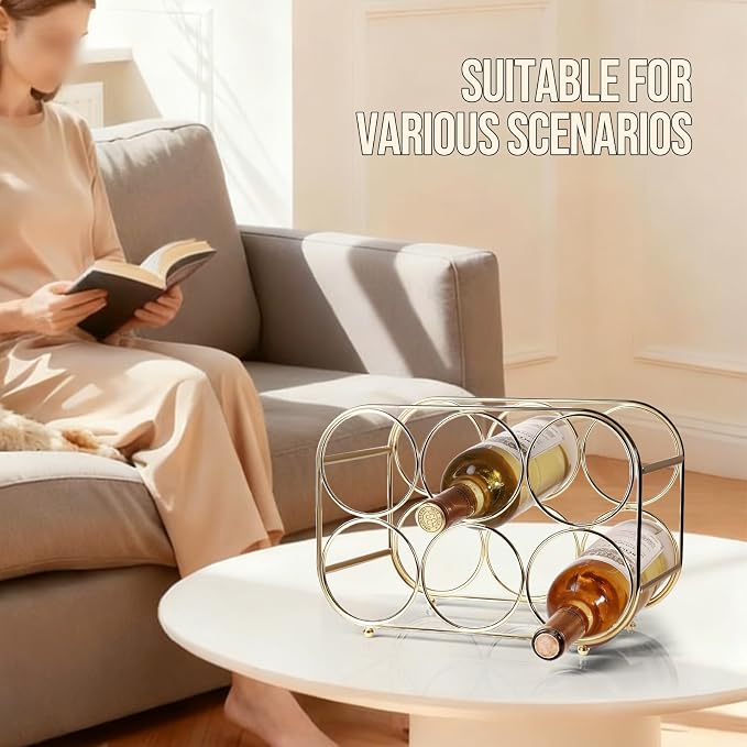 Countertop Wine Rack - 6 Bottle Freestanding Modern Gold Metal Small Wine Rack - Tabletop Wine Holder Stand for Cabinet, Pantry, Wine Bottle Storage