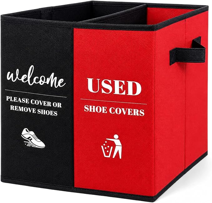 Shoe Cover Box with Door Hanging Sign – Foldable Double Compartment Storage Bin, Freestanding Dispenser Organizer for Home, Office, Entryway (Black Red)