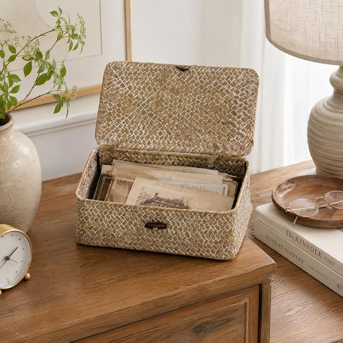 Wicker Basket with Lid, Natural Seagrass Storage Baskets for Organizing, Woven Basket for Storage, Decorative Boxes Bins with Lids Home Organizer Decor (Whitewash, 9.05" x 5.11" x 3.34")