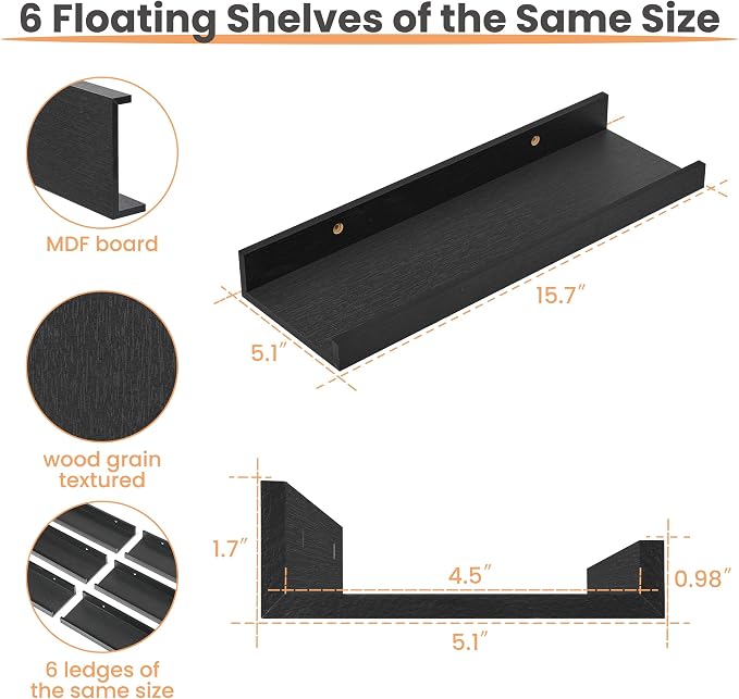 upsimples Floating Shelves for Wall, Wall Shelves for Decor Storage Set of 6, Wall Mounted Wood Shelf for Bedroom, Living Room, Bathroom, Kitchen, Picture Ledge Shelf, Black