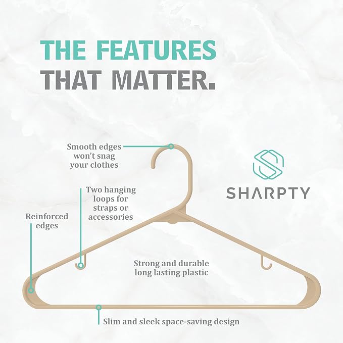 Sharpty Plastic Hangers Clothes Hangers for Clothing, Closet, Coats & Shirts - Durable & Space Saving - for Everyday Standard Use, Room Essentials & Basics - 20 Pack - Beige