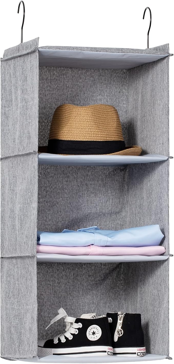 Hanging Closet Organizer 3-Shelf, Oxford Linen Wardrobe Storage, Gray | Easy-mount foldable design holds clothes, handbags, shoes & accessories; washable Oxford fabric, sturdy and space-saving.