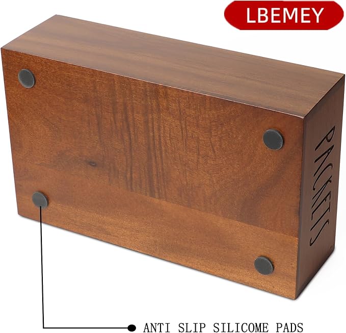 LBEMEY Packet Organizer, Acacia Wood Packet Storage Organizer with 3 Compartments,Farmhouse Kitchen Organization for Spice, Gravy, Taco, and Dressings Packets for Kitchen (Brown Label PACKETS)