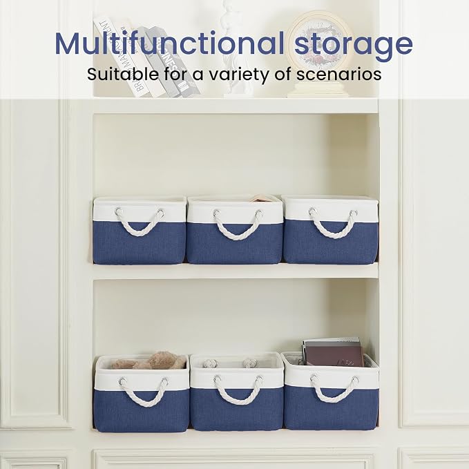 Storage Baskets for Shelves 13.8x9.8x6.7 Inch, Foldable Fabric Storage Bins with Handles, Small Storage Baskets for Organizing Closet, Office, Home Organization (3-Pack, White&Blue)
