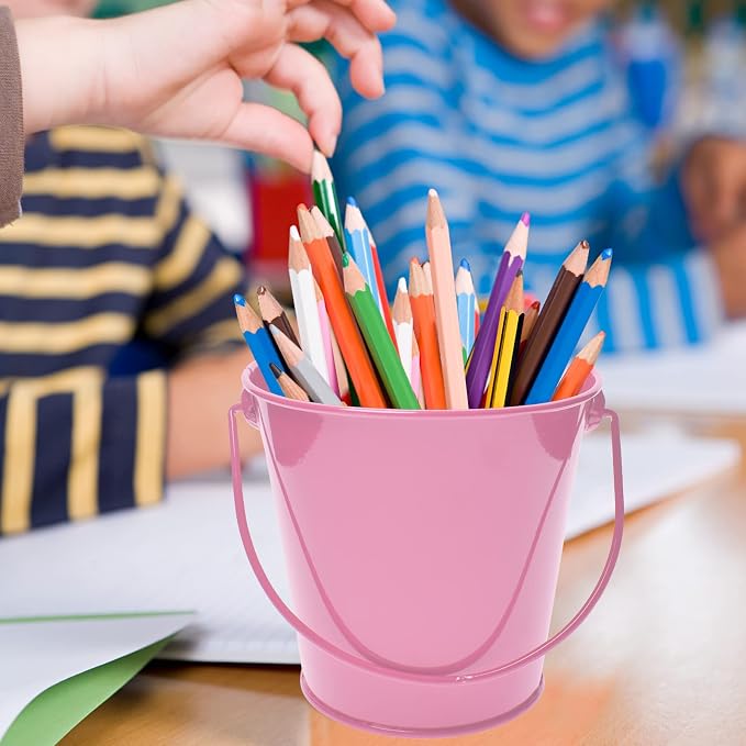 Small Metal Buckets with Handle, 6 Pack 4.3 Inch Colored Galvanized Bucket for Kids,Classroom,Crafts,and Party Favors (Pink, 4.3" Top)
