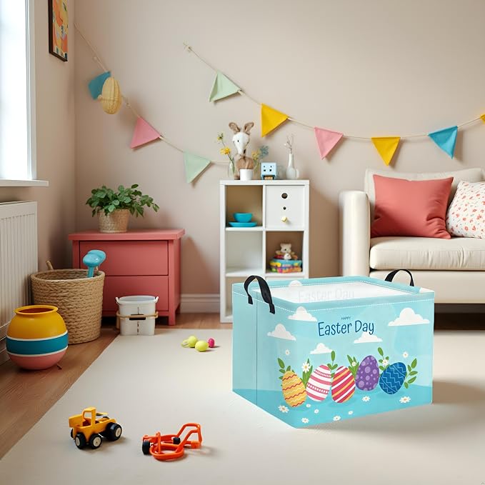 Rectangular Easter Basket for Home Kitchen Baby Girls Basket Cute Storage Bin Organizer Shelf Book Room Decor(Blue Egg)