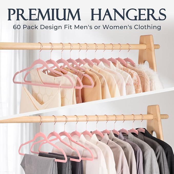 HOUSE DAY Pink Velvet Hangers 240 Pack, Premium Clothes Hangers Non-Slip Felt Hangers, Sturdy Black Hangers Heavy Duty Coat Hangers, Durable Suit Hangers, Space Saving No Hanger Mark Rotating Hook