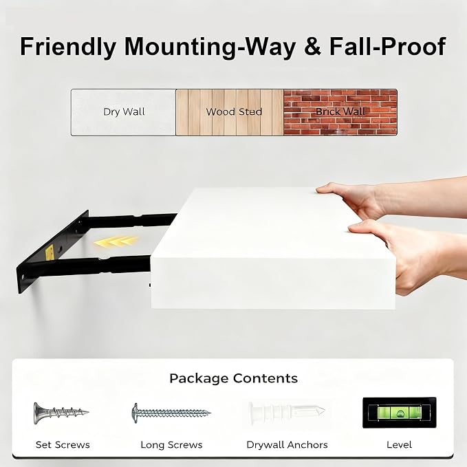 Floating Shelves for Wall(Set of 2)-24 Inch White Wood Wall Shelf with Invisible Brackets for Bathroom,Bedroom,Drawingroom,Kitchen for Decor(White,2pcs)