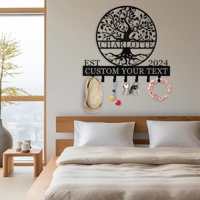Dyoart, Personalized Key Holder Wall Mount - Custom Name Tree of Life Key Holder for Wall, Metal Key Rack Coat Rack for Front Door, Living Room, Kitchen, Housewarming Wedding Gift