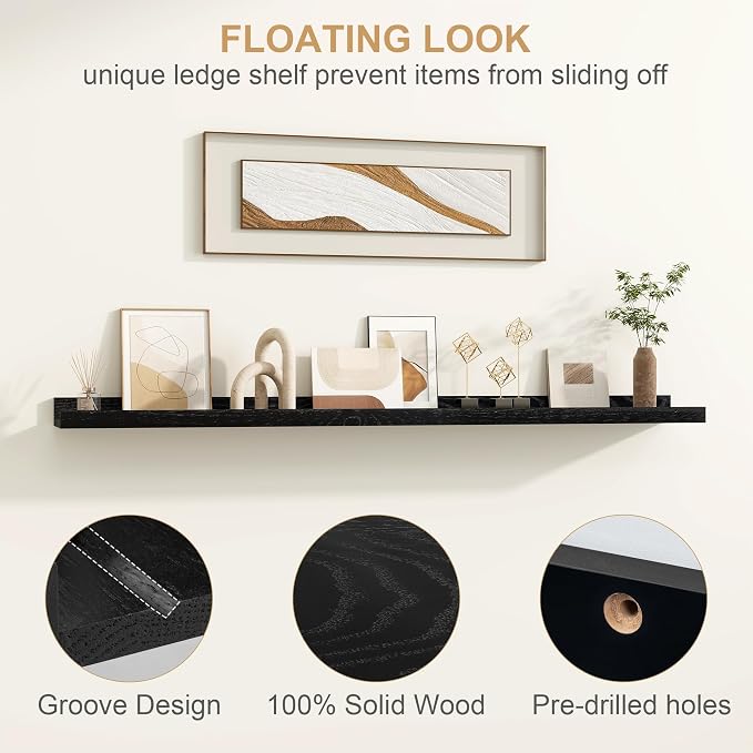 FLYJOE Floating Picture Ledge Shelves 36 Inch Solid Oak Wood Set of 2, Rustic Wall Storage Shelves with Lip, Kids Bookshelf, Photo & Picture Ledge Shelves for Bedroom, Living Room, Kitchen