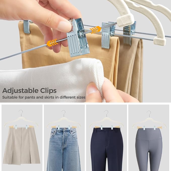 HOUSE DAY Velvet Hangers with Adjustable Clips 30 Pack, Non-Slip Suit Organizer with 360° Hook - Heavy Duty Hanger for Pants, Skirts, Blouses, Dresses - Outfit Hangers All-Season Space Saver (Ivory)