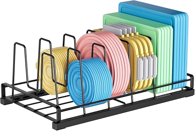 Food Container Lid Organizer for Cabinet with 6 Adjustable Divider | Metal Detachable Pot Lid Organizer,Lid Storage Organizer for Plastic Lids Pots Cookie Sheets for Cabinets,Cupboards,Drawer