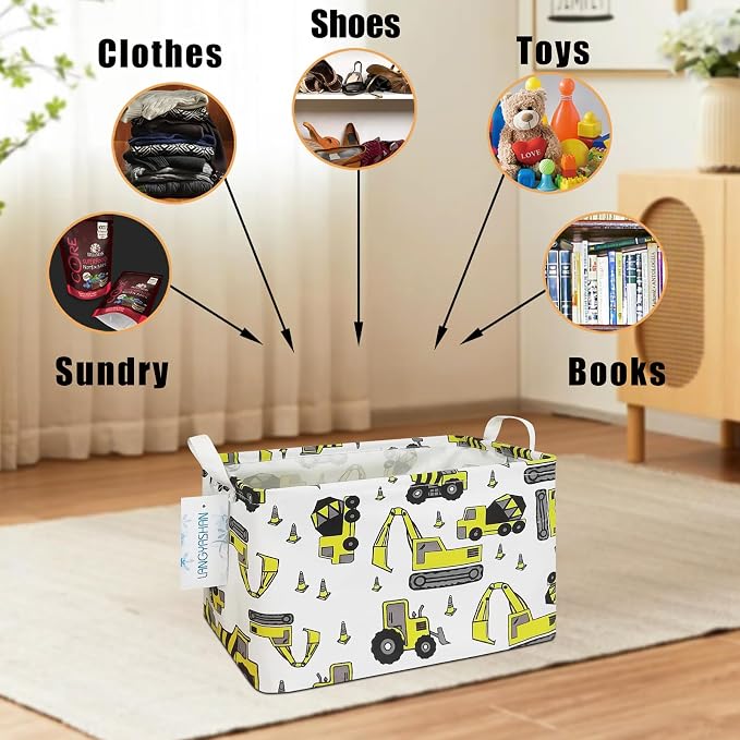 Rectangular Collapsible Storage Basket Nursery Organizer Engineering Car | Storage Bin Foldable Canvas with Handles for Organizing Home Kitchen Children Toys Office Closet Shelf Baskets