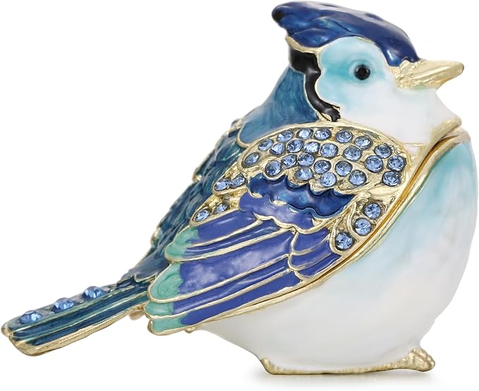 Hand Painted Enamel Blue Jay Trinket Box for Home Decor, Hinged Jewelry Organizer for Ring Earrings, Unique Figurine Keepsake Collectible Personalized Elegant Handmade Ornament Gifts (Blue Jay)
