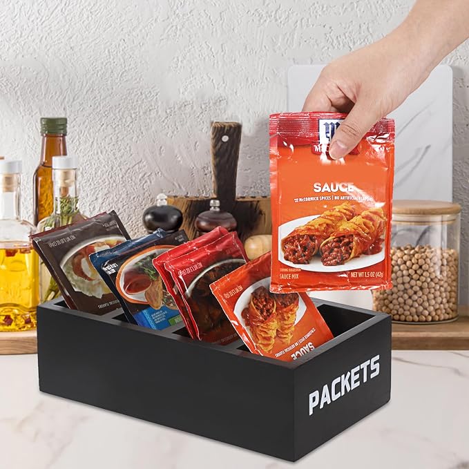 BSTKEY Seasoning Packet Organizer, Food Packet Storage Organizer with 4 Compartments, Black Wooden Storage Caddy for Kitchen Pantry Cabinet, Farmhouse Kitchen Organization Bin for Snacks Spice Packets
