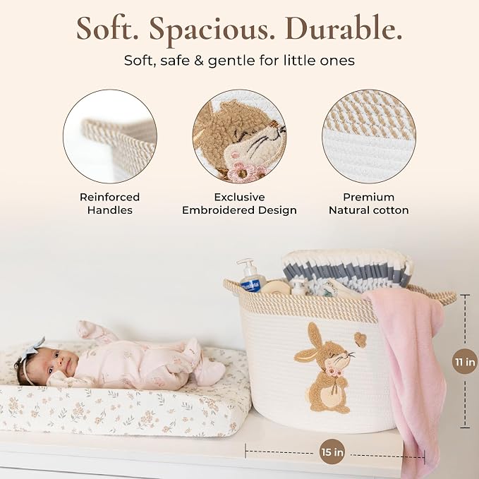 Bunny Storage Basket for Nursery – Large 15"x11" Cotton Rope Bin with Soft Embroidered Bunny Patch – Toy Organizer, Baby Laundry Hamper, Blanket & Diaper Holder – Foldable, Washable & Baby-Safe