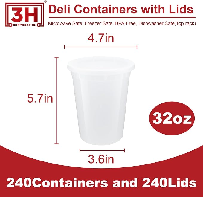 32 oz Food Storage Containers with Lids (240 Set/480 Piece) Deli Soup Containers, Freezer Microwave Safe, BPA-Free Plastic, Stackable Snack Leakproof Leftover Organizers & To-Go